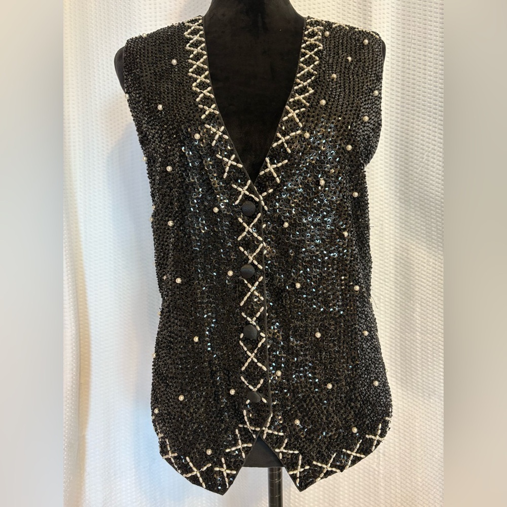 Vintage Theo black beaded & sequine vest size medium